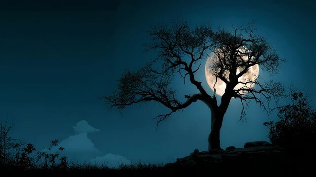 Halloween backdrop with a spooky dead tree silhouette at night under a full moon