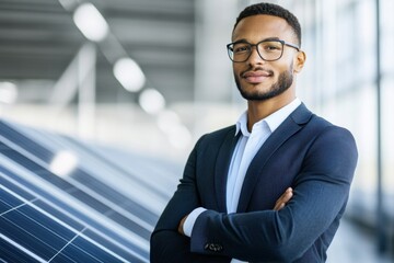 Obraz premium Confident Professional Man in Formal Attire with Solar Panels Behind