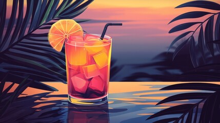 Scenic sunset cocktail on a tropical beach with palm leaves framing the vibrant drink