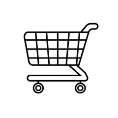 shopping cart icon, black and white, minimal line art, flat design, vector style, white background