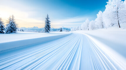 Ski Trail. Groomed Cross-Country Ski Trail on Snowy Mountain Road in Winter