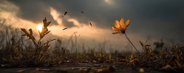 Blowing in the wind with strong leaf in cloudy sky concept. A lone yellow flower stands resilient under a dramatic sky.