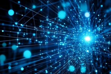 Abstract representation of interconnected network with bright glowing lights and dark background.