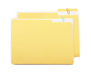 Two file folders with papers isolated on white, top view