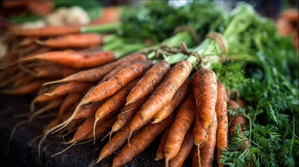 Bunch of fresh carrots with green tops on a dark surface.