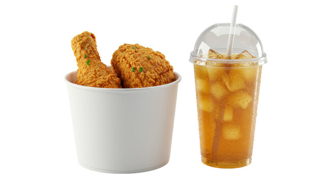 Isolated Crispy Fried Chicken in Bucket with Refreshing Iced Tea