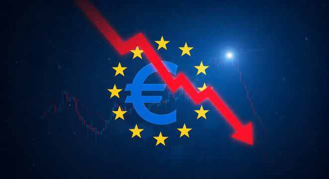 Euro Symbol Surrounded by Stars with Downward Red Arrow Indicating Market Decline and Financial Crisis on Blue Background