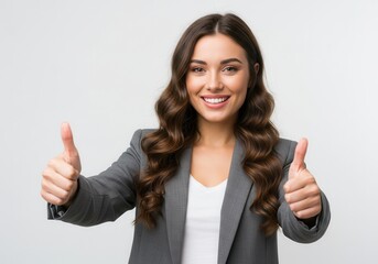 Smiling young woman in a blazer gives a thumbs up gesture showing success and approval