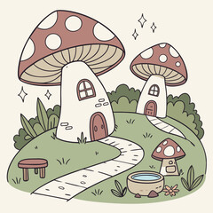Whimsical Mushroom Village Fantasy Nature Vector Illustration