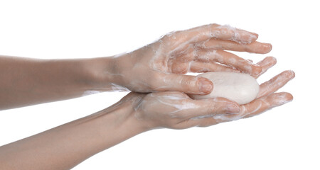 Fototapeta premium Woman washing hands with soap on white background, closeup
