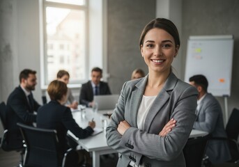 Fototapeta premium Smiling businesswoman stands with arms crossed in front of a meeting in the office