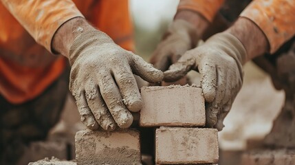 Construction workers stacking bricks at a building site action shot outdoor environment close-up view
