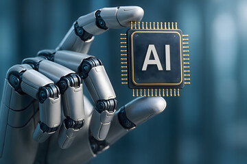 A detailed robotic hand holding a prominent chip labeled "AI." The metallic fingers grasp the technological core, set against a blurred blue background, symbolizing artificial intelligence.