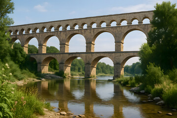 An ancient, multi-tiered stone aqueduct spanning a river. Its numerous arches reflect in the water below, framed by green trees under a blue sky, a testament to ancient engineering and history.