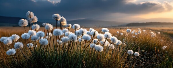 Fototapeta premium Blowing in the wind with torn leaves across cloudy sky concept. A serene field of fluffy white flowers under a dramatic sky.
