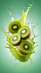 kiwi being peeled mid-air, splash effect with juice drops, isolated background