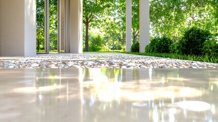 Pebble Path Leads to Green Garden with Trees