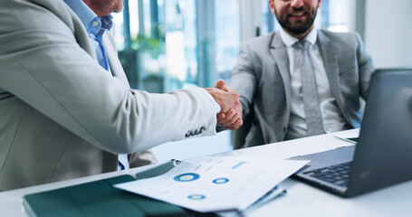 Business men, deal and shaking hands in office for merger, partnership or acquisition. Finance,...