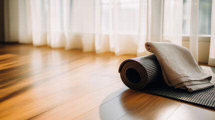 Yoga mat on hardwood floor with towel, morning light through curtains - Serene simplicity for mindful mornings