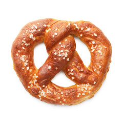 Tasty pretzel with salt isolated on white, top view