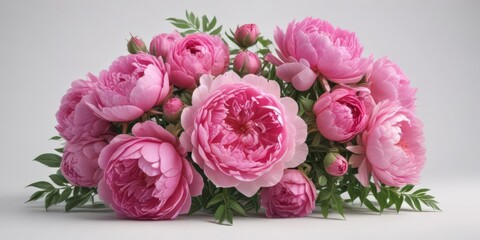 Vibrant pink peonies & roses bouquet, white backdrop  Perfect for spring/wedding themes , image, soft