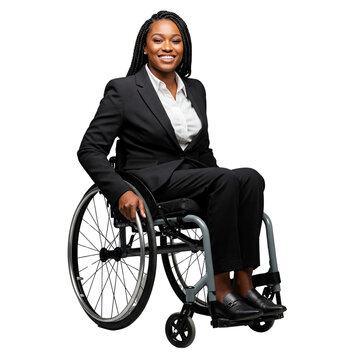 A smiling woman is sitting in a wheelchair isolated on transparent or white background, png