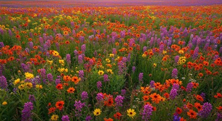 Vibrant tapestry of wildflowers cascading across a sunlit meadow landscape