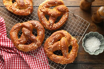 Tasty pretzels with salt on wooden table, flat lay