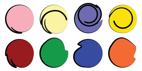 Vector Illustration Set of Eight Colorful Circle Shapes with Distinct Black Outlines and Simple Abstract Designs