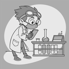 Young Scientist Character Studying Notes in a Lab Setting with Test Tubes and Flask