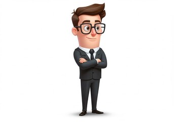 Obraz premium Cartoon businessman in a suit with arms crossed stands confidently on a white background