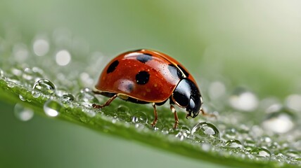 Fototapeta premium Macro photography of a ladybug with dewdrops on a green leaf