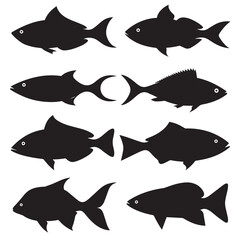 Vector silhouette set of fish on white background 
