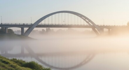 Naklejka premium Misty river landscape with bridge