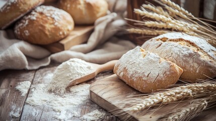 Naklejka premium Assorted loaves of artisan bread on rustic table with wheat and flour background
