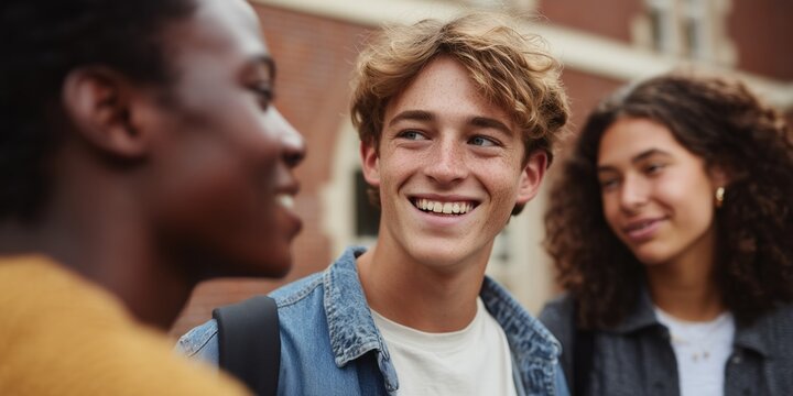 Friends celebrating success in casual conversation outdoors