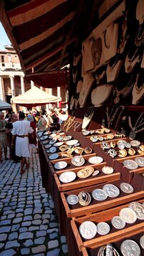 Vintage jewelry, roman coins displayed on wooden stall during historical reenactment at Trajan's Market, Rome, with costumed participants wandering nearby