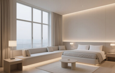 Fototapeta premium Modern hotel interior with large windows, and soft lighting.