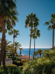 Palm trees frame a blue ocean view with a clear blue sky above.