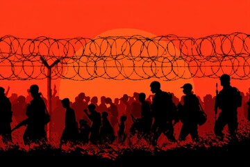 A group of people with backpacks and luggage being deported near a border. The scene implies forced relocation and travel restrictions.