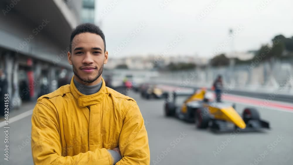 Poster Man looking on camera after formula 1 race - Qualification races and grand prix concept - Models by AI generative
