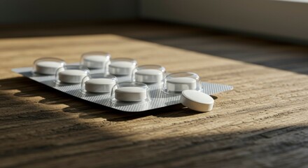 Pill blister pack on wooden table