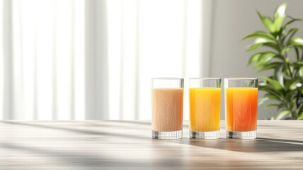 Fototapeta premium Three Glasses of Colorful Juice on Wooden Table with Natural Light juice colorful natural drink home