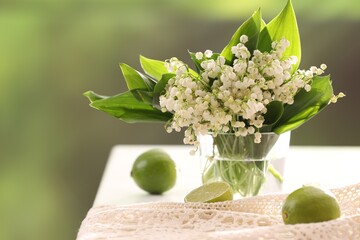 Beautiful lilies of the valley flowers in vase and limes on white table against blurred background