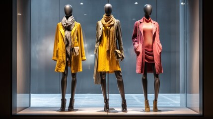 Mannequins wearing stylish coats and dresses in fashion store window display