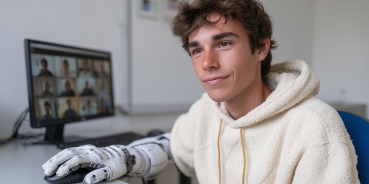 Empowering education: disabled student with prosthetic arm engaged in online learning