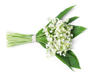 Obraz premium Bouquet of beautiful lily-of-the-valley flowers isolated on white, top view