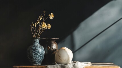 Ceramic vases and sculpture in dramatic shadowed light on wooden surface composition