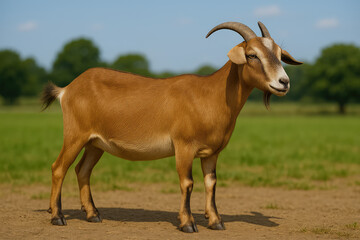 Obraz premium Hyper-Realistic Healthy Qurban Goat Standing Calmly in a Green Pasture – Perfect for Idul Adha Sacrifice Animal Stock Photo