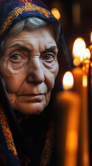 Close up of very old Jewish Russian woman, expressive eyes, in a church